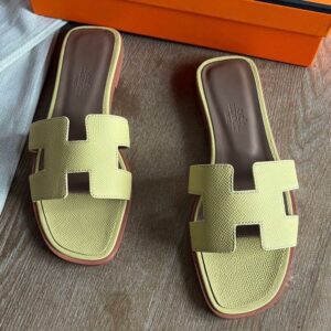 Hermes Oran Slide Sandals in Jaune Poussin Epsom Calfskin