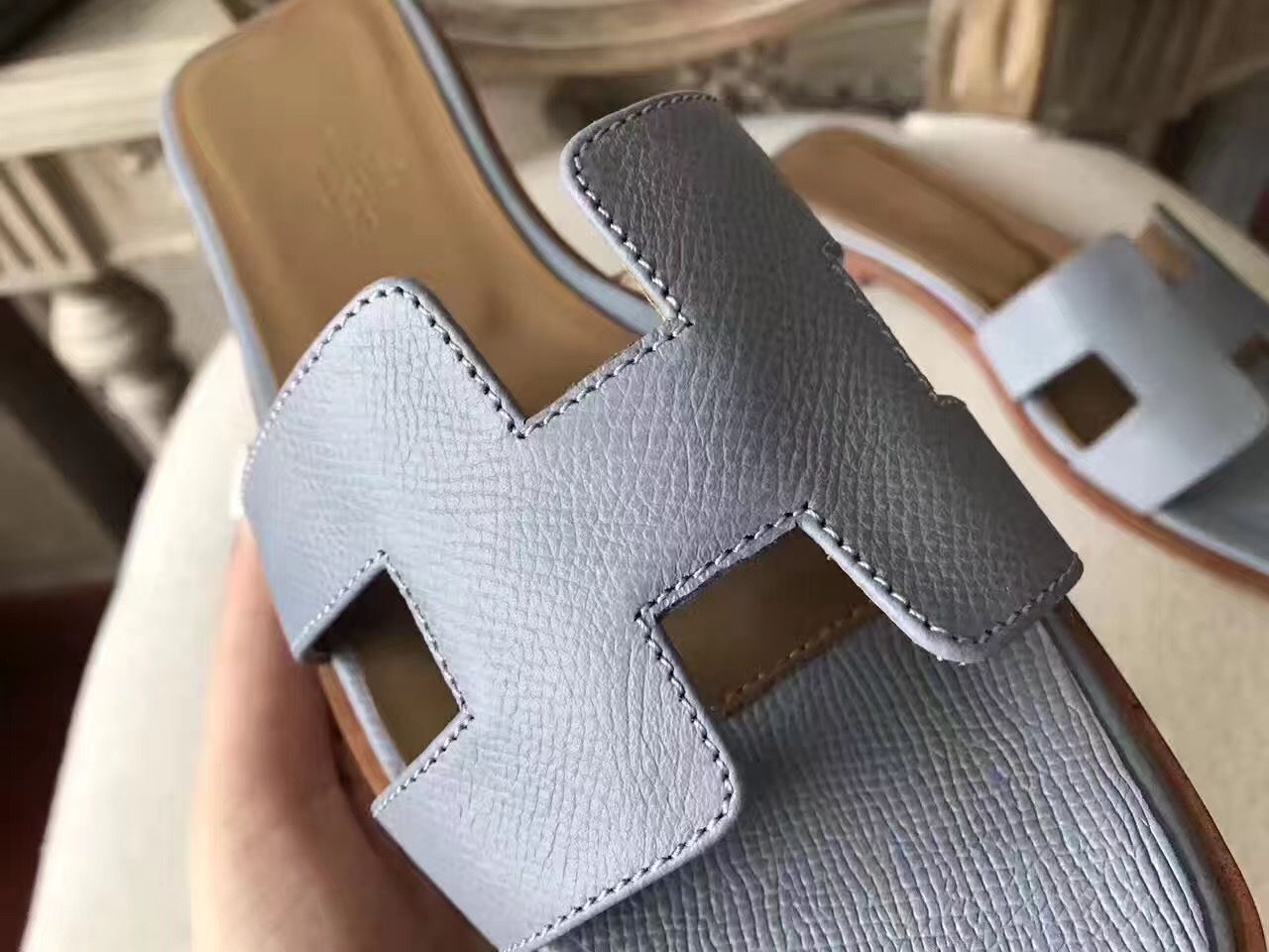 Hermes Oran Sandals In Blue Lin Epsom Leather - Image 8