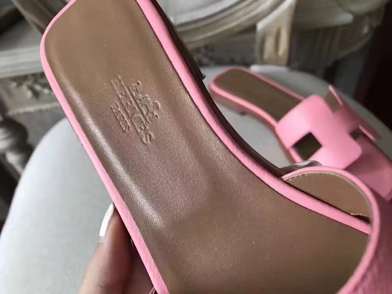 Hermes Oran Sandals In Pink Epsom Leather - Image 8