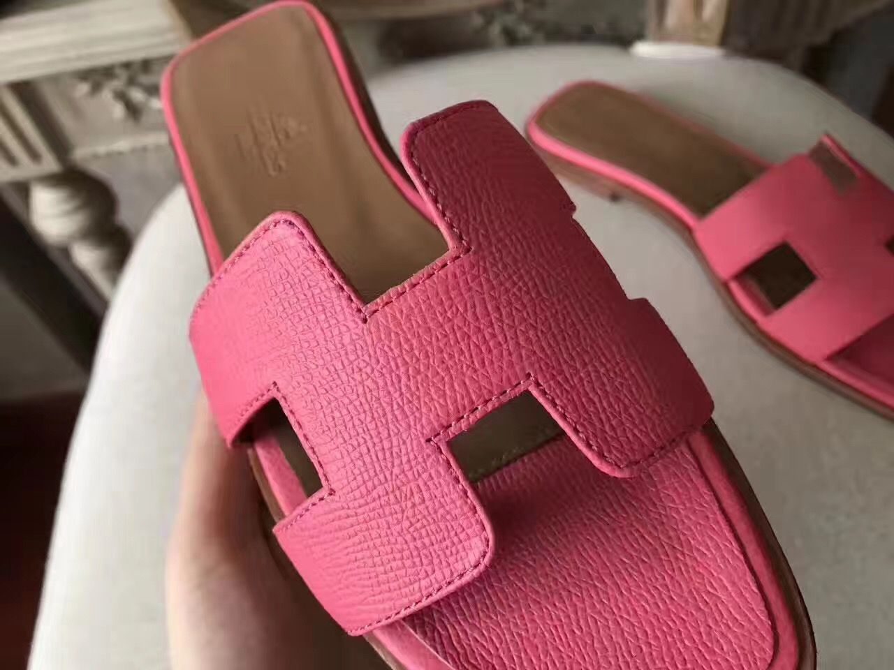 Hermes Oran Sandals In Rose Confetti Epsom Leather - Image 8
