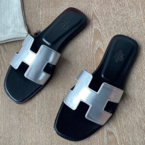 Hermes Oran Slide Sandals in Silver Metallic Leather