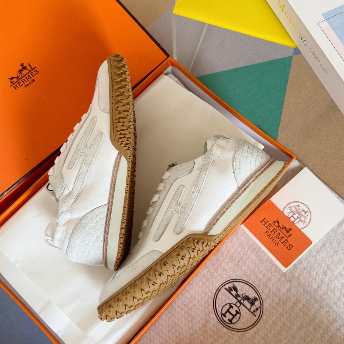 Hermes Men's Jet Sneakers in White Nappa Leather - Image 7