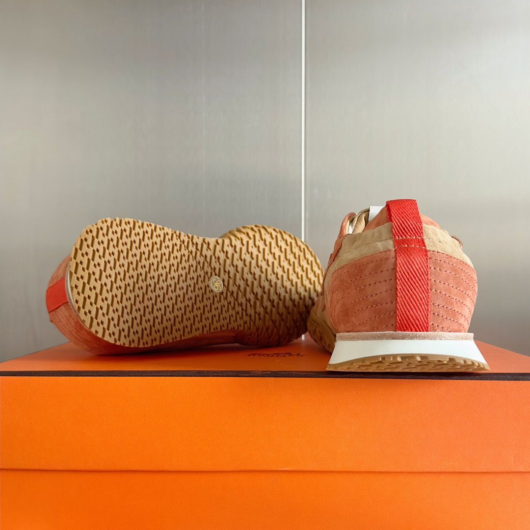 Hermes Men's Jet Sneakers in Beige/Orange Suede Leather - Image 10