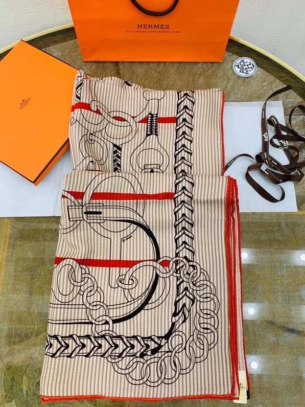 Hermes Grey/Orange Panoplie Equestre Eyeliner Shawl 140 - Image 5