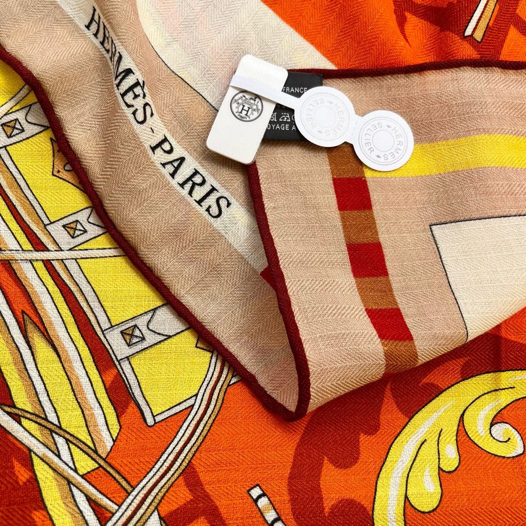 Hermes Orange Voitures en Equilibre Shawl 140 - Image 5