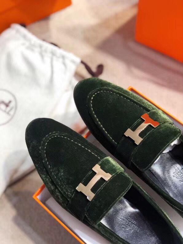 Hermes Paris Loafers In Dark Green Velvet - Image 4