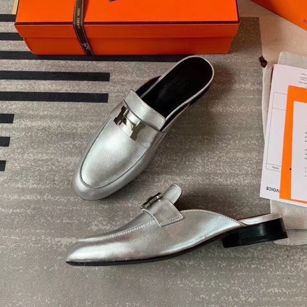 Hermes Trocadero Mules In Silver Nappa Leather - Image 6