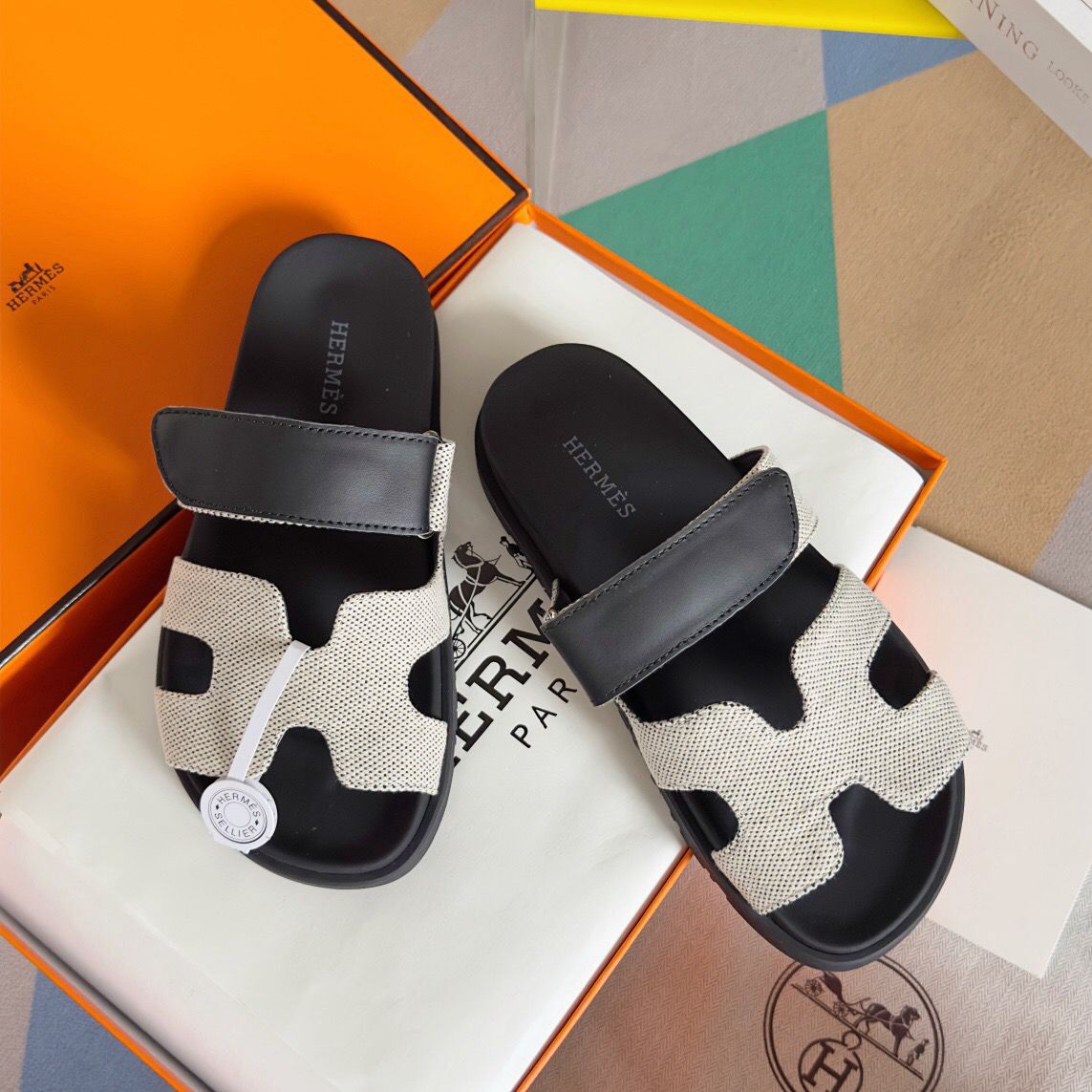 Hermes Women's Chypre Sandals In Canvas with Black Leather - Image 10