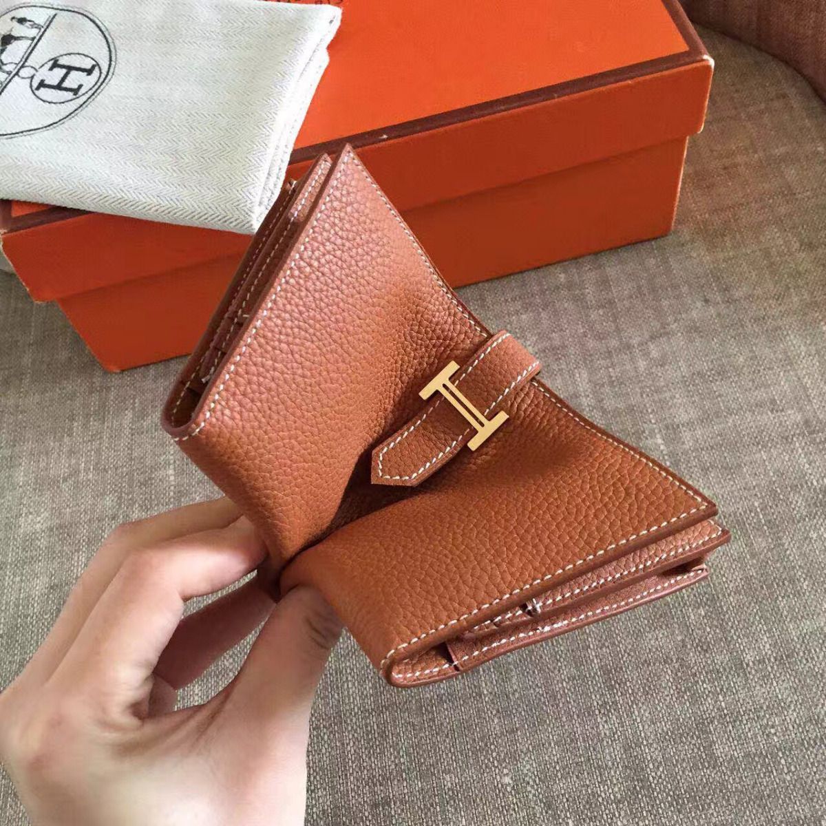 Hermes Brown Clemence Bearn Gusset Wallet - Image 9
