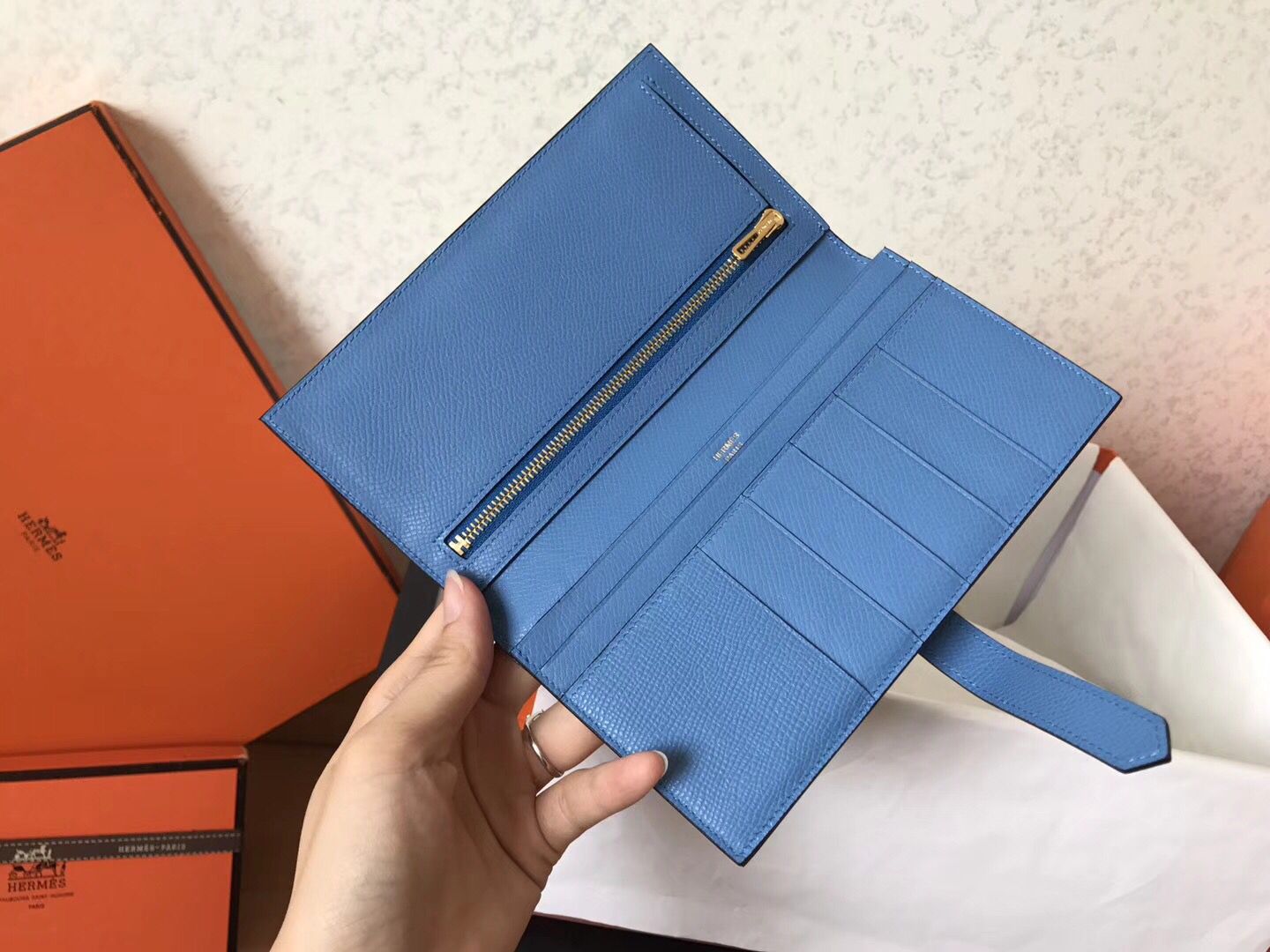 Hermes Blue Jean Epsom Bearn Gusset Wallet - Image 7