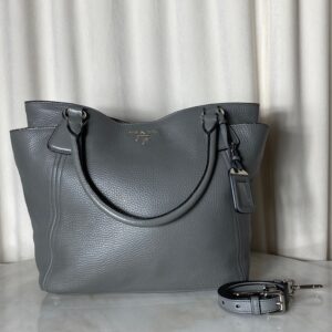 Prada Grey Vitello Daino Tote Bag W/ Charm