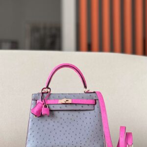 Kelly HSS 25 Ostrich Gris Agate(82) and Rose Tyrien(E5) Rose Gold Hardware